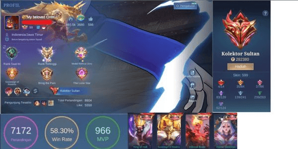 Gambar Product (First Owner) (Akun Pribadi) Akun kolektor sultan skin 599 skin mewah - 4 Legend, 5 Kof, 5 Aspi, CC banyak, epic shop banyak..