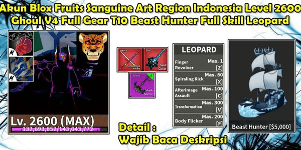 Gambar Product Akun Blox Fruit Region Indonesia Beast Hunter Ghoul V4 T10 Full Gear Sanguine Art CDK Skull Guitar Shark Anchor Full Skill Leopard