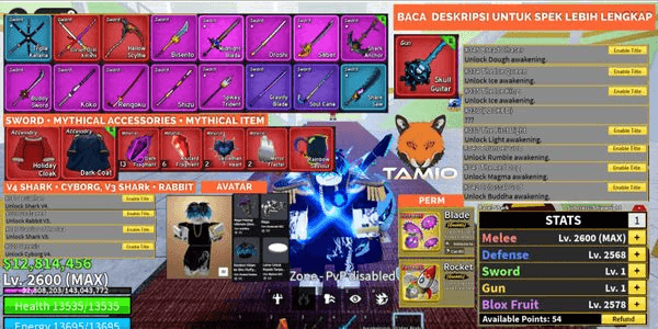 Gambar Product Akun Blox Fruit Sanguine Art, V4 Shark & Cyborg FullGear | CDK, Shark Anchor, Hallow Scythe