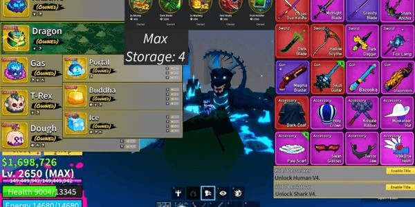Gambar Product Akun Fruit Permanent(Dragon,Kitsune,Gas,Trex,Dough,Portal.Buddha),2 V4(Human,Shark) FULLGEAR T10,Selengkapnya di Deskripsi