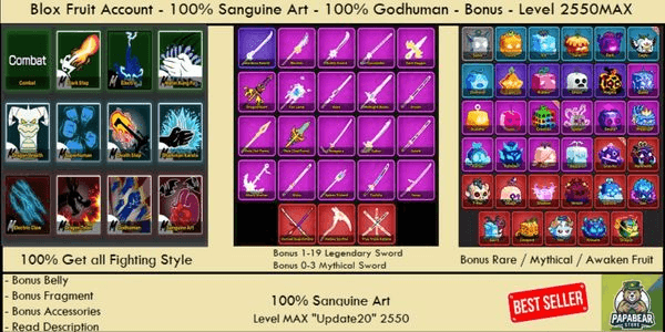 Gambar Product 100% SANGUINE ART - GODHUMAN - AKUN BLOX FRUIT - BONUS