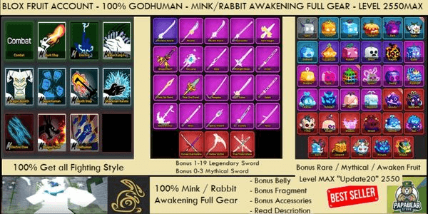 Gambar Product Blox Fruit Account - MAX Level - Race MINK V4 Full Gear T10 - Lots of Bonuses