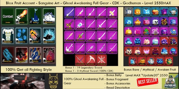 Gambar Product GHOUL Full Gear V4 ( Awakening ) - Sanguine Art - Shark Anchor - Godhuman - Soul Guitar - Rainbow Haki - Bonus - Blox Fruit Account