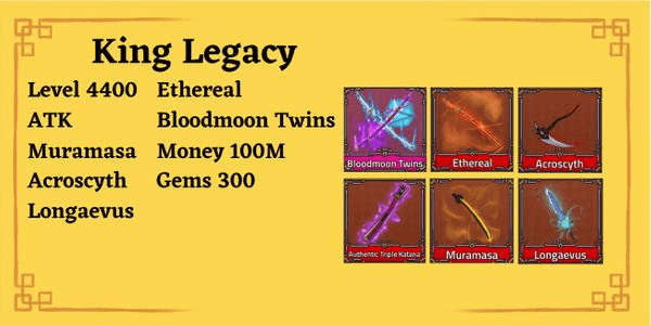 Gambar Product King Legacy Account - BLOODMOON ETHEREAL ATK MURAMASA LONGAVEUS ACROSCYTHE