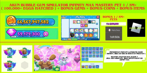 Gambar Product Akun Bubble Gum Simulator Infinity Max Mastery Pet 1 / 5m+ (100k+ Eggs Hatched) + Bonus Gems + Bonus Coins + Bonus Items