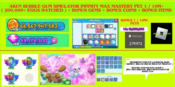 Gambar Product Akun Bubble Gum Simulator Infinity Max Mastery Pet 1 / 10m+ (200k+ Eggs Hatched) + Bonus Gems + Bonus Coins + Bonus Items