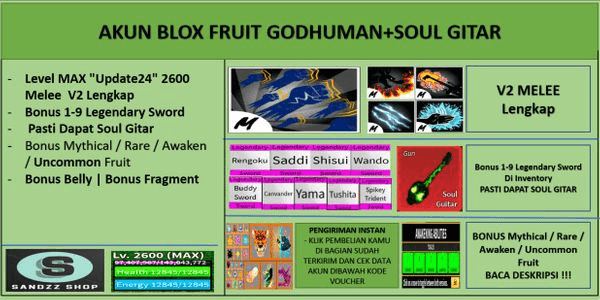Gambar Product Blox Fruit GODHUMAN Account + SOUL GUITAR [MAX Level] [Datpol] [Not Verified]