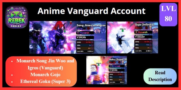 Gambar Product Account Monarch Song Jin Woo and Igros (Vanguard), Monarch Shiny Gojo, Ethereal Roku (Super 3), VIP, Premium Pass