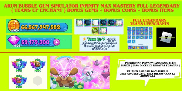 Gambar Product Akun Bubble Gum Simulator Infinity Max Mastery + Full Legendary (Teams Up Enchant) + Bonus Gems + Bonus Coins + Bonus Items  

*(No changes needed as the text is already in .)*