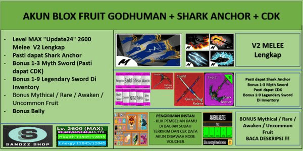 Gambar Product Blox Fruit Account GODHUMAN + SHARK ANCHOR + CDK [Level MAX] [Datpol] [Not Verified]