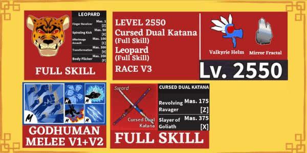 Gambar Product Akun Blox Fruit CDK (Full Skill) Leopard (Full Skill) Valkyrie Mirror Race V3