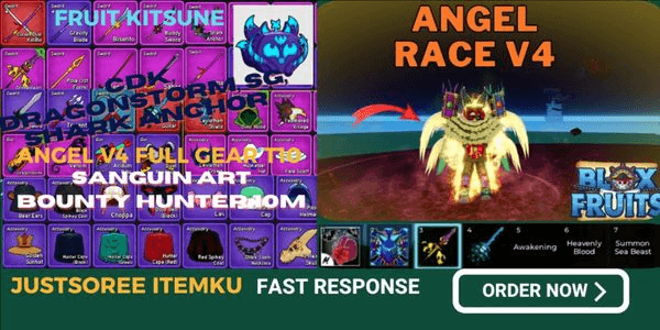 Gambar Product Akun Blox Fruit Bounty Hunter 10M Sanguine Art Race Angel V4 Full Gear T10 Shark Anchor DragonHeart CDK SG DragonStorm Full Skill Kitsune Fruit