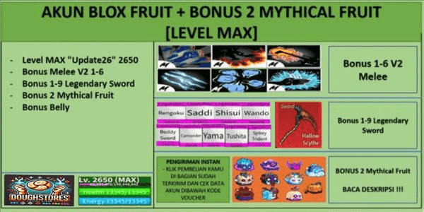 Gambar Product Akun Blox Fruit [Level MAX] + Bonus 2 Mythical Fruit