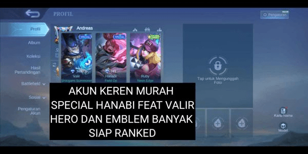 Gambar Product AKUN KEREN SPECIAL HANABI FEAT VALIR HERO DAN EMBLEM BANYAK SIAP RANKED