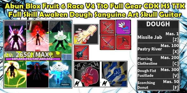 Gambar Product Akun Blox Fruit 6 Race V4 Full Gear T10 Sanguine Art Skull Guitar CDK Hallowscythe TTK Full Awaken Dough