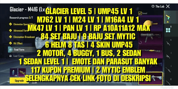 Gambar Product GLACIER LEVEL 5 | UMP45 LV 1 M762 LV 1 | M24 LV 1 | M16A4 LV 1 MK47 LV 1 | PAN LV 1 | RP A10A11A12 MAX 84 OUTFIT SET | 9 OUTFIT SET MYTHIC