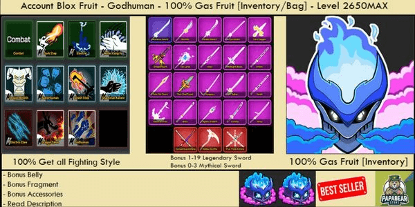 Gambar Product 100% Gas Fruit [Inventory] - Godhuman - Level MAX - Blox Fruit Account