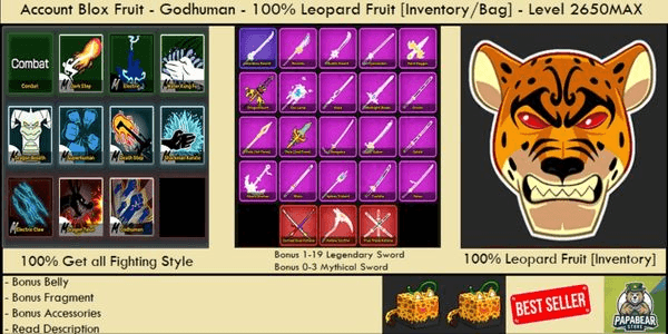 Gambar Product 100% Leopard Fruit [Inventory] - Godhuman - Level MAX - Blox Fruit Account