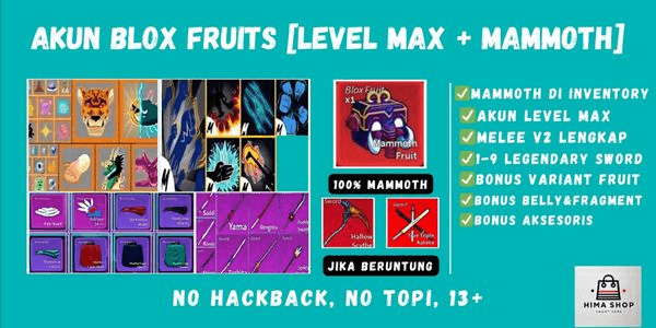 Gambar Product MAX LEVEL ACCOUNT + MAMMOTH FRUIT IN INVENTORY | BLOX FRUIT