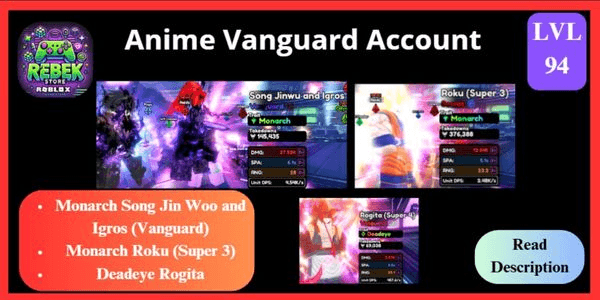 Gambar Product Account Monarch Song Jin Woo and Igros (Vanguard), Monarch Roku (Super 3), Deadeye Rogita (Vanguard), VIP, Premium Pass, ETC | Anime Vanguards