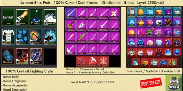 Gambar Product 100% Cursed Dual Katana - Godhuman - Level MAX - Bonus - Blox Fruit Account