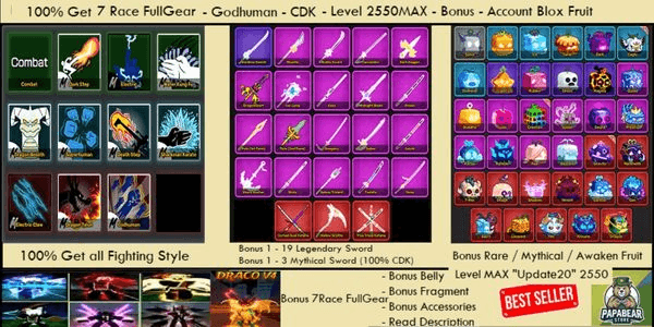 Gambar Product 100% Get 7 Race Full Gear - Godhuman - CDK - SG - Bonus - Account Blox Fruit