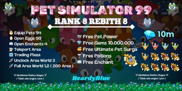 Gambar Product Account Pet Simulator 99 | Rank 8 Rebith 8 | Unlocked Trade & Booth | Pengiriman Instant