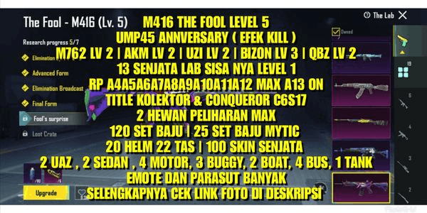 Gambar Product M416 THE FOOL LEVEL 5 UMP45 ANNIVERSARY (KILL EFFECT) M762 LV 2 | AKM LV 2 | UZI LV 2 | BIZON LV 3 | QBZ LV 2 9 RP MAX TITLE COLLECTOR & CONQUEROR C6S17
