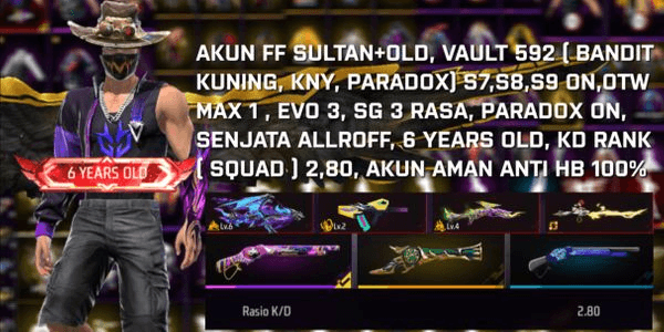 Gambar Product FF SULTAN+OLD ACCOUNT, VAULT 593, S7,S8,S9 ON,OTW MAX 1, EVO 3, SG 3 FEEL, PARADOX ON, ALLROFF WEAPONS, ACCOUNT SAFE ANTI HB 100%