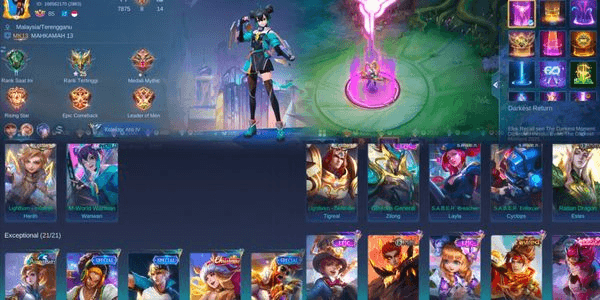 Gambar Product Account GG Skin 153 Hero 125 Emblem Allmax 2Lightborn Harith, Tigreal, Mworld Wanwan, Valentine Claude, 8Epic, Christmas Freya RECAL DARKEST