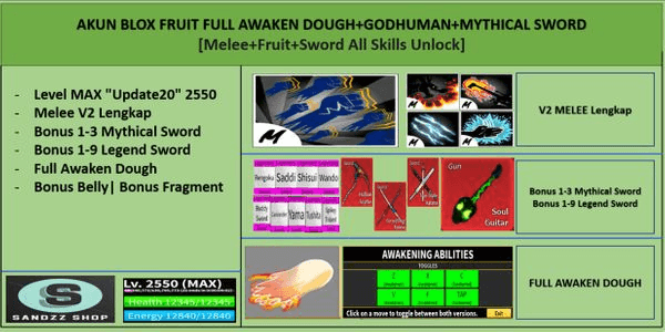 Gambar Product Blox Fruit Account FULL AWAKEN DOUGH+GODHUMAN+MYTHICAL SWORD [Level MAX][Melee+Fruit+Sword All Skills Unlock]