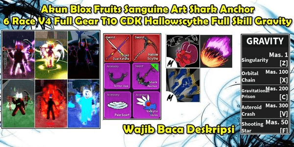 Gambar Product Akun Blox Fruit 6 Race V4 Full Gear T10 Sanguine Art Shark Anchor CDK Hallowscythe Full Skill Gravity Fruits