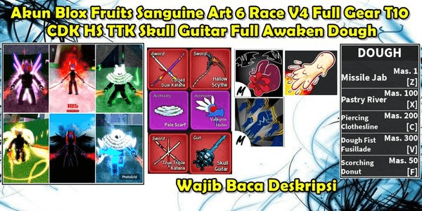 Gambar Product Akun Blox Fruit 6 Race V4 Full Gear T10 Sanguine Art Skull Guitar CDK Hallowscythe TTK Full Awaken Dough
