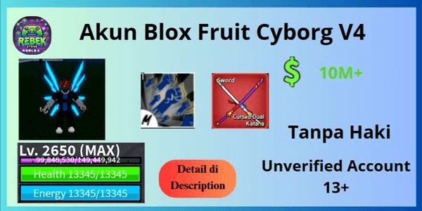 Gambar Product Max Level Account (2650) Race Cyborg V4 T10, God Human, CDK | Blox Fruit