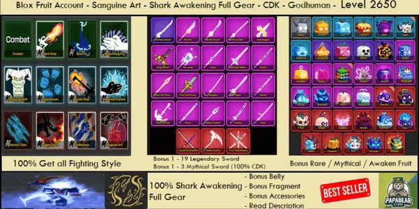 Gambar Product SHARK Full Gear V4 (Awakening) - Sanguine Art - CDK - Godhuman - Bonus - Blox Fruit Account