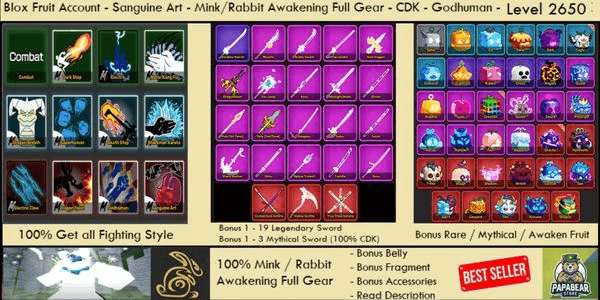 Gambar Product MINK Full Gear V4 (Awakening) - Sanguine Art - CDK - Godhuman - Bonus - Blox Fruit Account