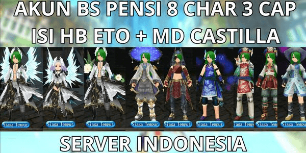 Gambar Product AKUN BS PENSI 8 CHAR 3 CAP MAX LVL 300 SERVER INDONESIA READY CN, FULL AVA MIX, ISI HB ETOISE+MD CASTILLA, NO MOD, ANTI HACKBACK, SUPER MURMER  

(Translation to ):  
BS PENSION ACCOUNT 8 CHARS 3 CAPS MAX LVL 300 INDONESIA SERVER READY CN, FULL AVA MIX, INCLUDES HB ETOISE + MD CASTILLA, NO MOD, ANTI HACKBACK, SUPER MURMER