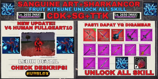 Gambar Product Akun Blox Fruit V4 HUMAN FULLGEAR T10 (Awakening) - FRUIT KITSUNE + TTK + SANGUINE ART + SHARK ANCHOR + CDK + SG - {LVL MAX} UNLOCK ALL SKILL