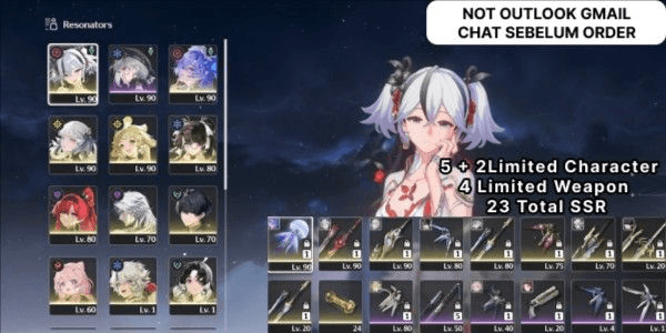 Gambar Product [ MANDATORY TO CHAT FIRST ] 23 SSR, Cantarella C1 + Signature, Camellya + Signature, Yinlin C1 + Signature, Jinhsi + Signature, Zhezhi, + All Standard - SEA [ MANDATORY TO READ DESCRIPTION ]