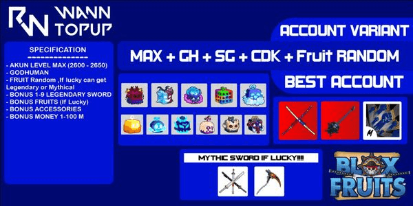 Gambar Product Akun Blox Fruit LEVEL MAX [GODHUMAN + SKULL GUITAR + Cursed Dual Katana + Random Fruit]