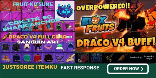 Gambar Product Akun Blox Fruit Sanguine Art Race Draco V4 Full Gear T10 Shark Anchor DragonHeart CDK TTK SG DragonStorm Full Skill Kitsune Fruit