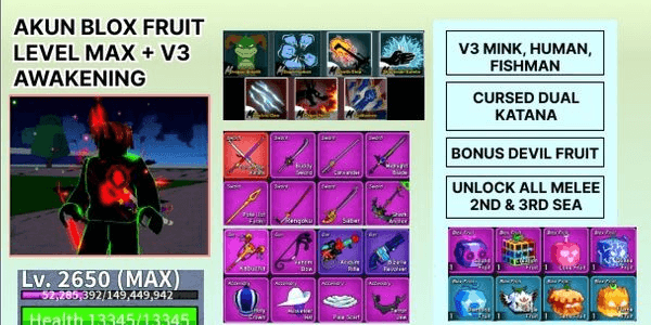 Gambar Product Akun Blox Fruit Level MAX - Race V3 + Cursed Dual Katana