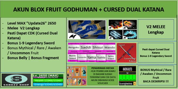 Gambar Product Blox Fruit Account GODHUMAN+CURSED DUAL KATANA [Level MAX] [DATPOL]