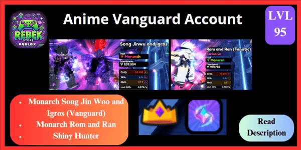 Gambar Product Account Monarch Song Jin Woo and Igros (Vanguard), Monarch Rom and Ran, Deadeye Shiny Vigil, VIP, Premium Pass, Shiny Hunter, ETC | Anime Vanguard