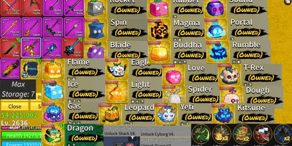 Gambar Product 23 perm, 3 race v4, 5 game pass, 7 fruit storage, skin dragon ellipse, inventory frame, ava beRBX