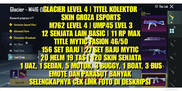 Gambar Product GLACIER LEVEL 4 | TITLE COLLECTOR M762 LEVEL 4 | UMP45 LEVEL 3 12 OTHER BASIC WEAPONS | 11 RP MAX TITLE MYTHIC FASHION 46/50 156 CLOTHING SETS