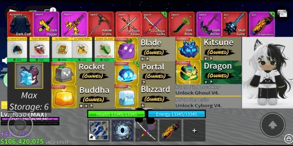Gambar Product 8 perm, bounty 16m pirate, 5 gamepass, 2 race V4, ava beRBX, 6 fruit storage, remaining RBX 200, main grow a garden