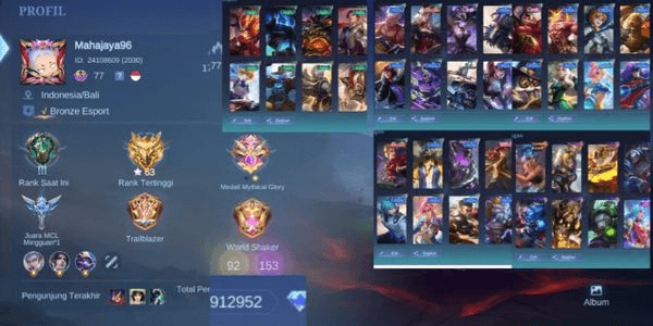 Gambar Product MOBILE LEGEND ACCOUNT CHEAP GG (893) HERO 92 SKIN 153