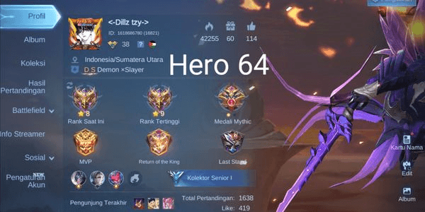 Gambar Product PROMO DISKON Akun Mobile Legends Hero64 Skin83 2Limit 16Epic Bagus Banget Aman Garansi Nickname Dillz Tzy