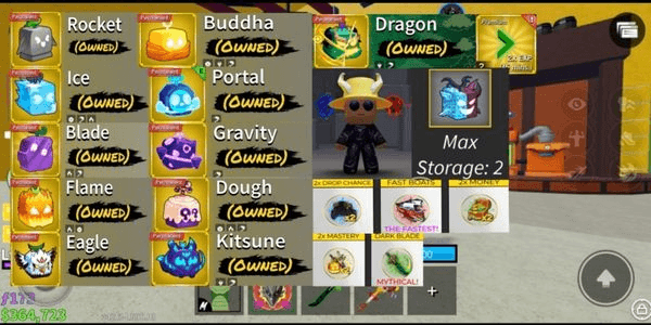 Gambar Product 12 perm (dragon-kitsune-gravity-dst), 5 game pass, 2 fruit storage, ava beRBX, main grow a garden